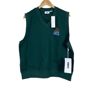 OBEY Pine Green Sleeveless V Neck Sweater Vest MEDIUM Dog Fleece Mens Fall UO